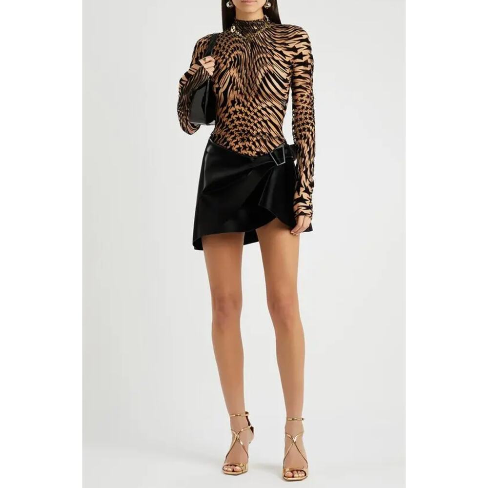 Mugler Black Asymmetrical Logo Buckle Wrap Glossy Faux Leather Mini Skirt‎ 38